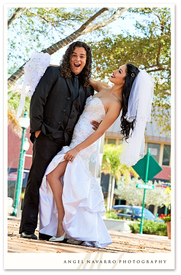 Bride and Groom Having Fun with Wedding Pictures in Sarasota