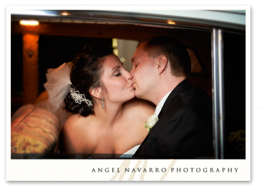 Bride and Groom Kissing in Limousine