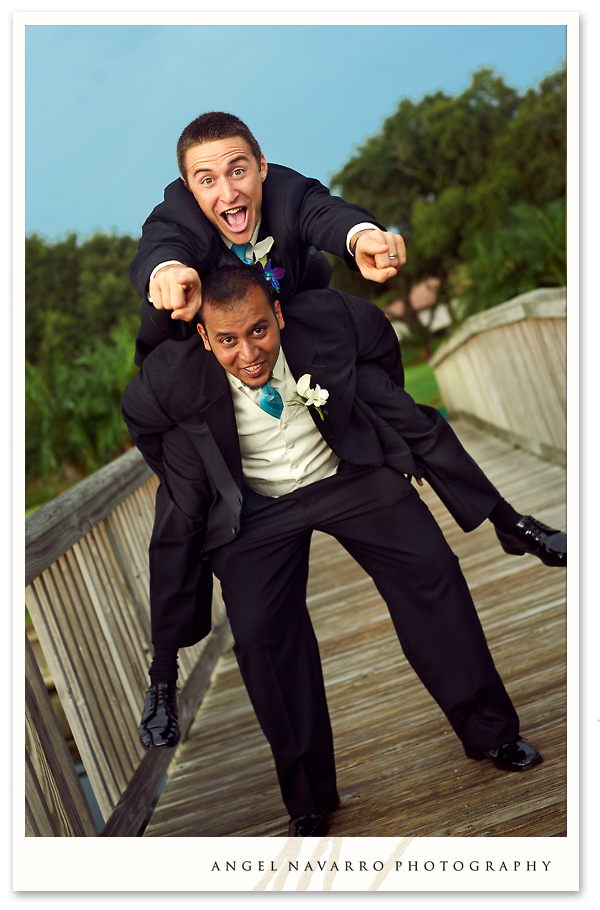 Groom and groomsman horsing around.