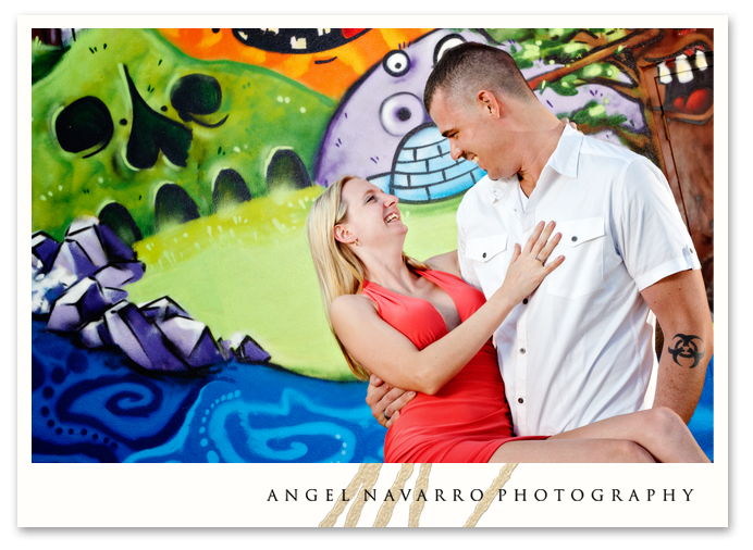 Fun background in engagement picture.