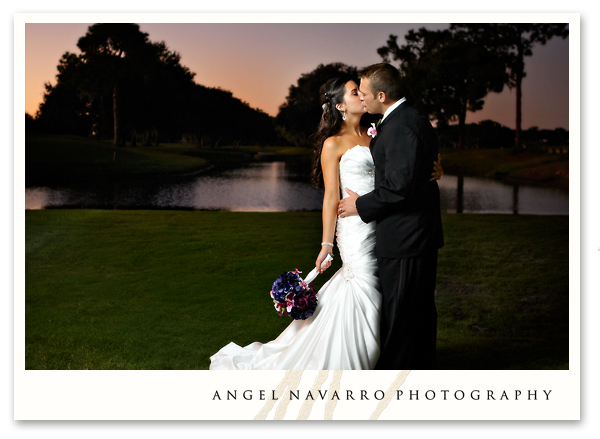 Sunset wedding portrait of bride and groom.