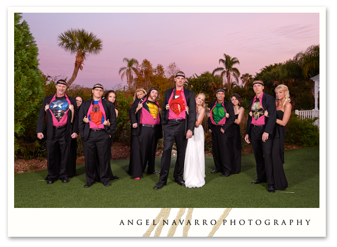 Wedding groomsmen dressed as super heroes.