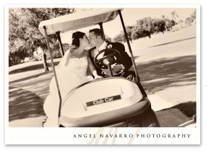 Wedding fun on a golf cart.